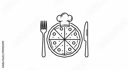 Chef's hat atop a sliced pizza, served with fork and knife