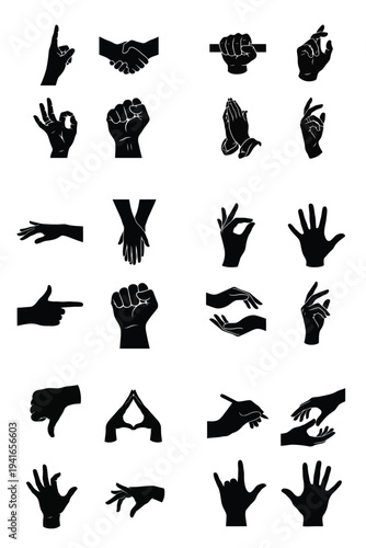 Collection of diverse human hand gestures and communication symbols in black silhouette.