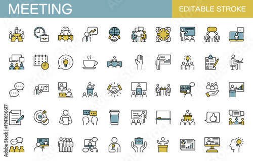 ミーティングに関するラインアイコンセット（線幅変更可能・カラー）