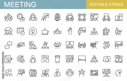 ミーティングに関するラインアイコンセット（線幅変更可能）