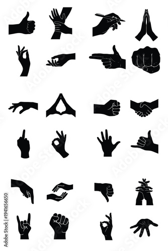 Collection of diverse hand gestures and symbols in black silhouette, representing various forms of human communication and interaction.