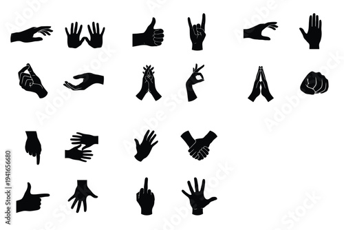 Collection of diverse hand gestures in black silhouette, including thumbs up, fist, open palm, and pointing, symbolizing various human emotions and communication.