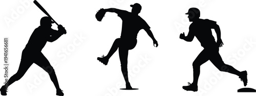 Baseball Player Silhouette Set with Batter, Pitcher and Runner Action Poses, Professional Sport Game Vector Illustration CollectionBaseball Player Silhouette Set with Batter, Pitcher 
