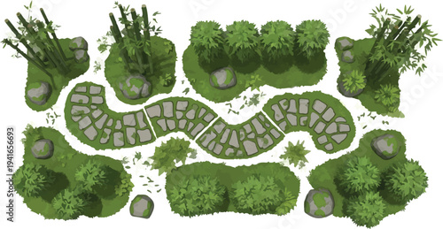 Top-down vector illustration of a garden path with trees, bushes, and rocks isolated PNG with Transparent Background