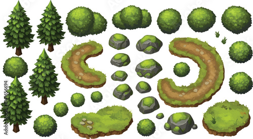 Isometric Green Trees, Bushes, Rocks, and Paths Vector Set isolated PNG with Transparent Background