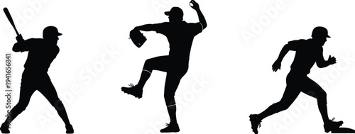 Baseball Player Silhouette Collection Showing Batter, Pitcher and Runner in Dynamic Sport Action Vector Illustration Set