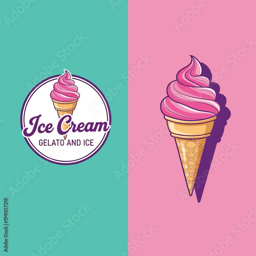 Sweet frozen dessert illustration with pink soft serve cone for food branding design