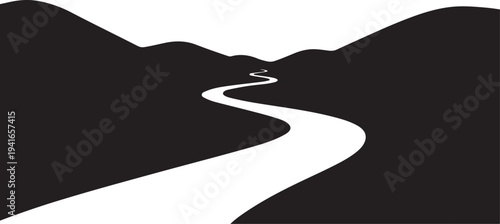 Winding road through black and white hills landscape scene