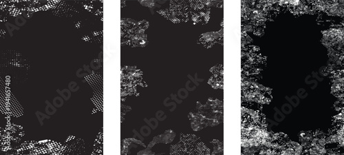 Glitch distorted grungy isolated layers . Design element for brochure, social media, posters, flyers. Overlay texture.Textured banner with Distress effect .Vector halftone dots . Screen print texture