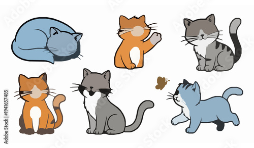Cartoon kitten doodle vector set cute funny cats characters collection isolated on white background