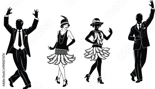 1920s vintage flapper dancers and jazz age party silhouettes with elegant men and women retro fashion isolated vector illustration set