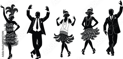 1920s Jazz Age Flapper Dancers and Stylish Men Silhouette Set Performing Charleston Dance at Vintage Roaring Twenties Party Celebration