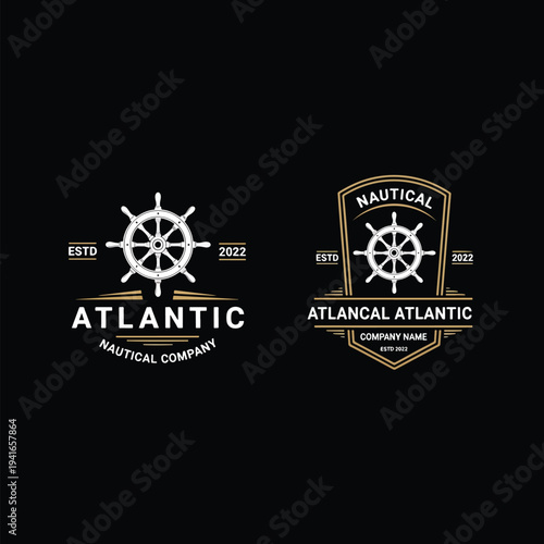 Crafted vintage nautical vector logos with ship's helm designs for maritime businesses.
