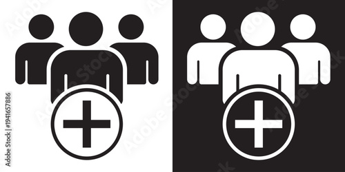 Group of people silhouettes with a plus sign badge. Symbolizes hiring new staff, adding friends, expanding a team, or creating a new community group in an application.