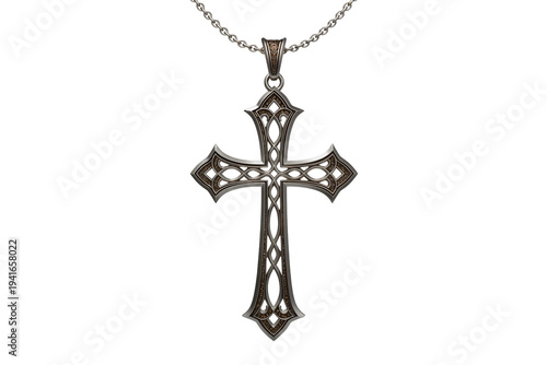 Fotografie Ornate silver gothic cross pendant with intricate filigree details and chain, is