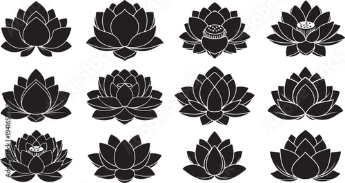 Set of black lotus flower icons on white background