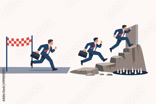 Businessmen Competing in Unequal Conditions. One Man Runs on a Smooth Path to the Finish Line While Others Face Obstacles Like Rocks and Spikes. Concept of Unfair Advantage and Social Inequality.