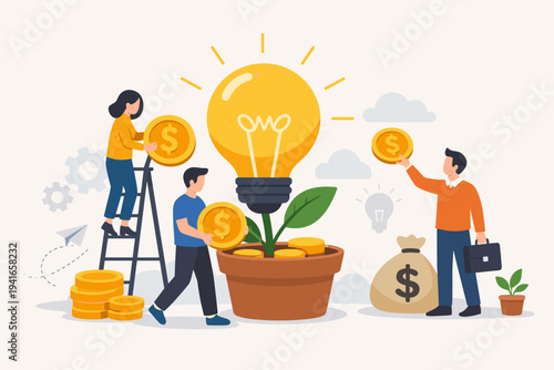 Business people investing money in a creative idea. Flat vector illustration of team putting dollar coins into a plant pot with a glowing lightbulb growing. Startup, innovation, and growth.