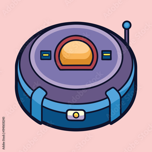 Modern Cartoon Robot Vacuum Cleaner with Antenna on a Pink Background