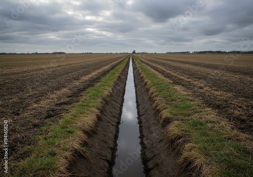A deep drainage ditch cuts through a wide, flat rural landscape under a cloudy sky, emphasizing water management and agricultural engineering ,channel ,surface ,irrigation