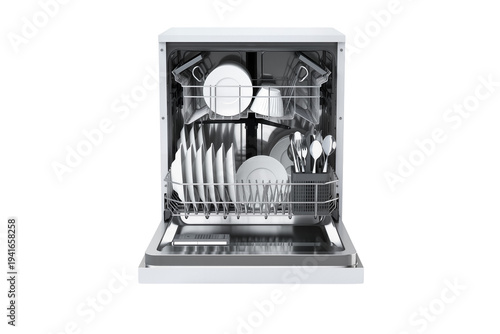 Canvastavla Modern white dishwasher with door open, revealing sparkling clean plates, cups,