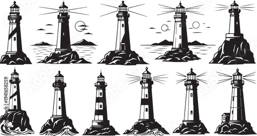 Lighthouse Illustrations in Black and White Vector Style Set