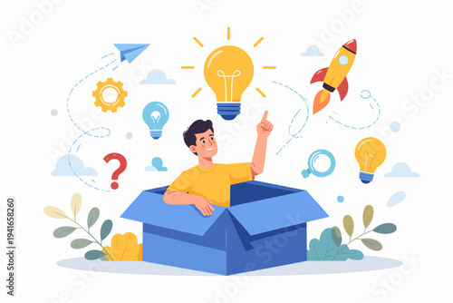 Thinking Outside the Box Concept Vector Illustration with a Creative Man, Glowing Lightbulb, Rocket, and Innovation Icons. Ideal for Business Strategy, Problem Solving, and Startup Success.