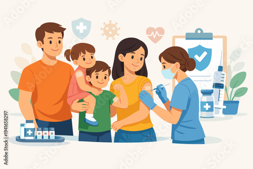 Flat vector illustration of a happy family getting vaccinated at a medical clinic. A nurse administers a shot to the mother while the father and children with bandages look on for health safety.