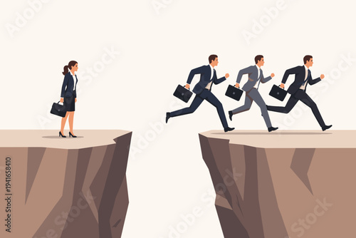 Vector Illustration of a Businesswoman Standing Alone on a Cliff Edge While Three Businessmen Run Ahead Across a Gap, Representing Gender Inequality, Career Obstacles, and the Glass Ceiling.