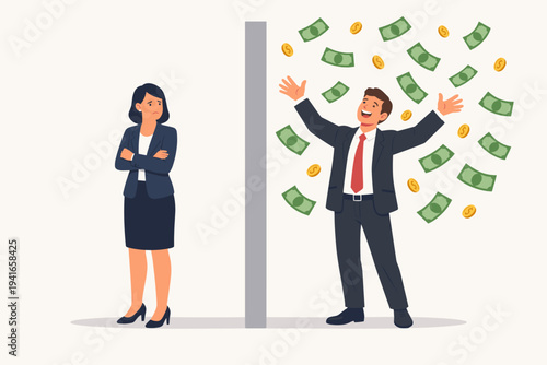 Gender Pay Gap Concept Vector Illustration with Sad Businesswoman Separated by Wall from Happy Businessman Celebrating under Rain of Money and Coins, Representing Financial Inequality at Work.