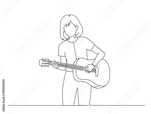 Continuous one line drawing of beautiful woman playing guitar. Female Guitarist. Editable line vector.
