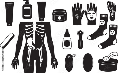 Set of 20 black and white vector icons for beauty, skincare, and body care products, featuring cosmetic containers, human anatomy, and spa accessories