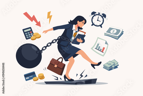 Stressed Businesswoman Struggling with Heavy Debt and Financial Burden, Chained to a Large Weight while Balancing Work Tasks, Money, Deadlines, and Economic Stress in a Flat Vector Illustration.
