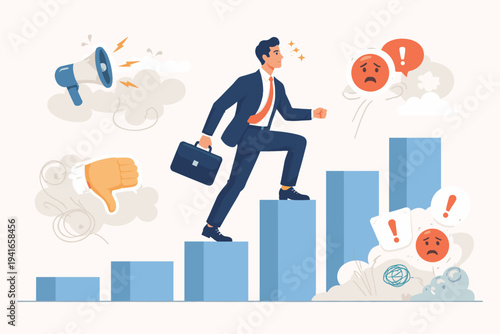 Confident businessman climbing a bar chart career ladder ignoring negative feedback, criticism, and social pressure. Vector illustration of professional success, resilience, and motivation.