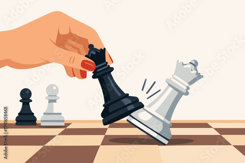 Vector illustration of a female hand with red nails moving a black queen chess piece to knock down a white queen on a chessboard, symbolizing strategic victory, competition, and game tactics.