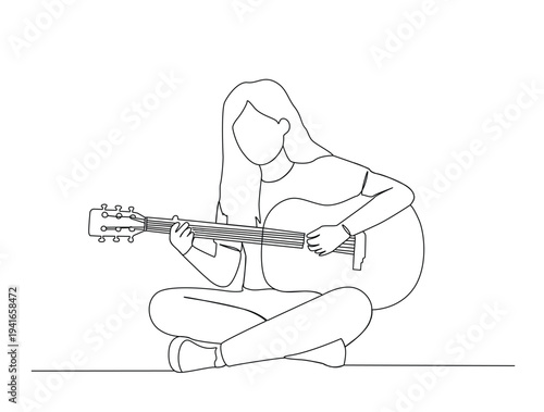 Continuous one line drawing of beautiful woman playing guitar. Female Guitarist. Editable line vector.