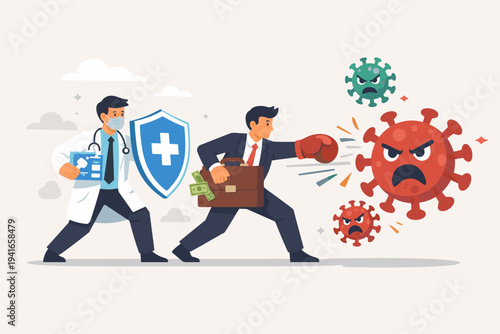 Doctor with Shield and Vaccine Box Protecting a Businessman with Stimulus Money Briefcase Punching a Coronavirus Molecule, Concept of Healthcare and Economic Fight Against Global Pandemic Crisis