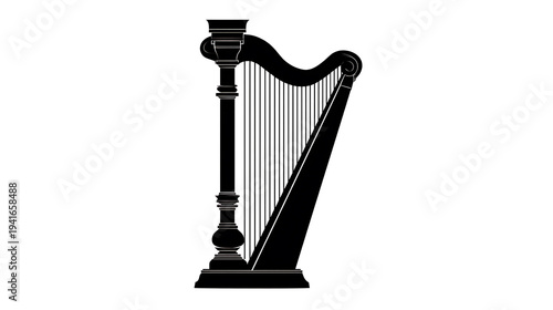 A classical, elegant, black silhouette of a harp. The strings are perfectly aligned, a testament to the instrument's delicate beauty
