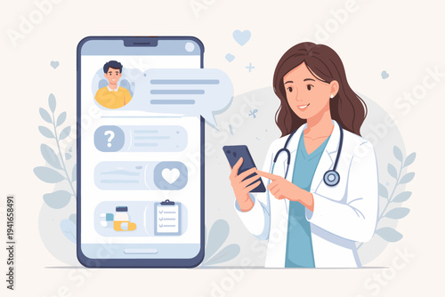 Female Health Care Professional Answering Patient Questions on a Smartphone App, Telemedicine Concept with Doctor Consulting Online, Digital Healthcare and Medical Advice via Mobile Application