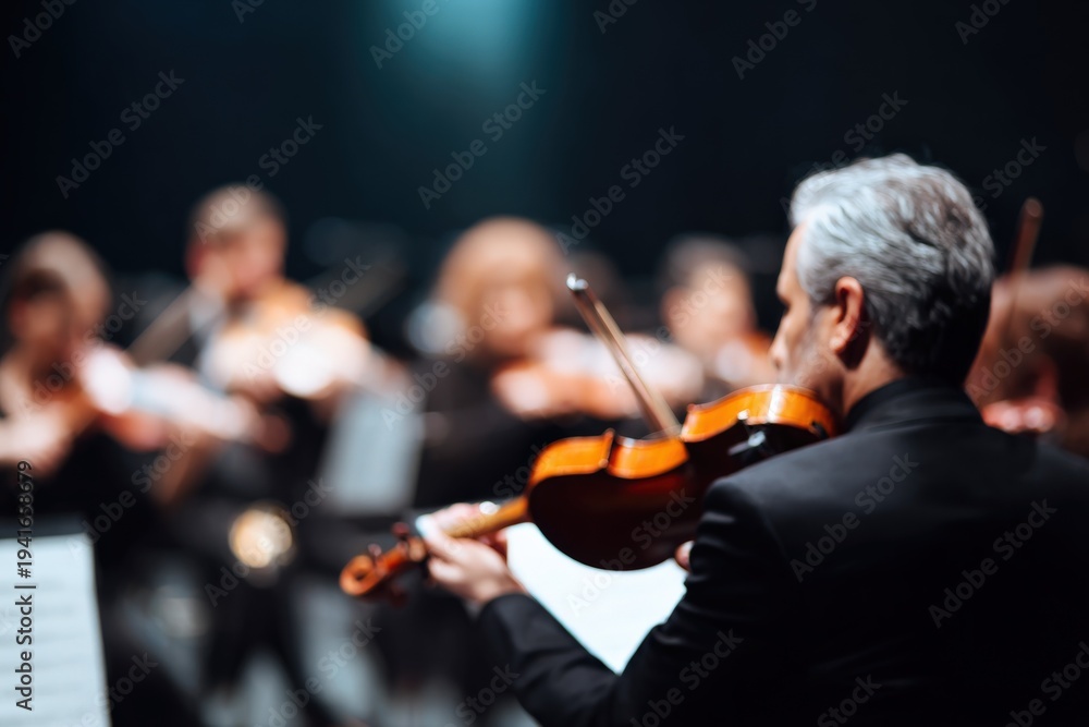Fototapeta premium Mature caucasian male violinist closeup in black suit playing with orchestra under spotlight, blurred string section behind him