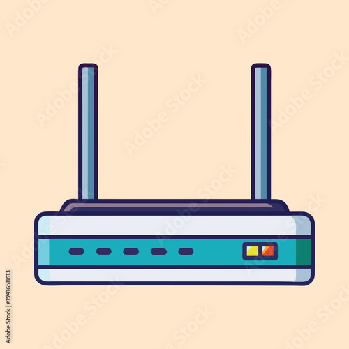 Stylized wireless router with two antennae and indicator lights on a beige background