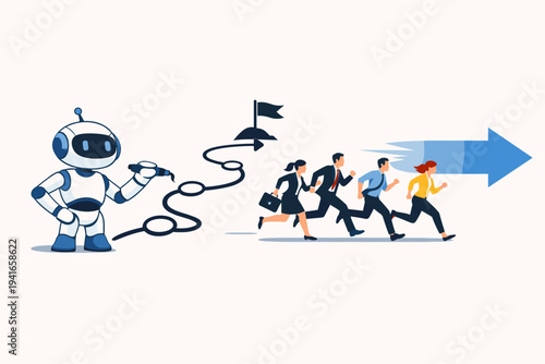 Artificial Intelligence Robot Drawing a Strategic Career Path for Business People Competing for Success, AI Guiding Professional Growth and Corporate Strategy in Modern Business Environment