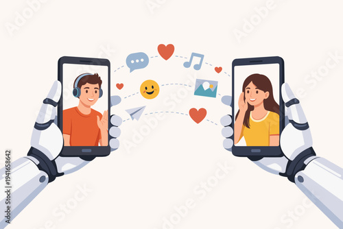 Robot Hands Holding Smartphones Connecting Young Couple via Social Media Platform, Artificial Intelligence Facilitating Human Communication and Online Dating with Icons and Emojis Illustration.