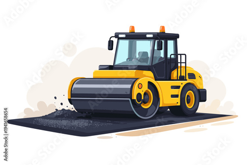 Yellow Heavy Duty Steamroller Leveling Fresh Black Asphalt on Road Construction Site, Industrial Paving Machinery Vector Illustration for Infrastructure Development and Civil Engineering Projects
