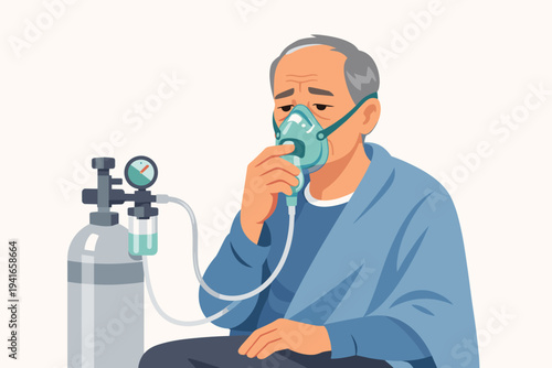 Elderly Man with Chronic Obstructive Pulmonary Disease Using Oxygen Mask and Tank for Respiratory Support, Sick Patient with Breathing Problems in Flat Vector Illustration for Medical Healthcare.