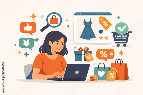 Young woman shopping online with laptop, searching for best deals and discounts, flat vector illustration featuring shopping bags, gift boxes, cart, and sale tags for e-commerce marketing.