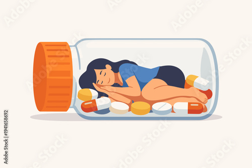 Vector Illustration of a Young Woman Sleeping Peacefully Inside a Large Transparent Pill Bottle Filled with Capsules and Tablets, Representing Medication Dependency, Insomnia, and Mental Health.