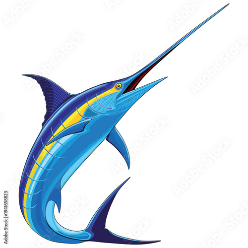 Blue Marlin - swordfish Powerful ocean creature jumping vector illustration isolated on white background