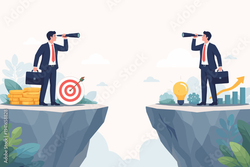 Two Businessmen Standing on Opposite Cliffs Looking Through Telescopes Across a Gap, Representing Company Merger, Strategic Vision, Financial Growth, Innovation, and Business Partnership