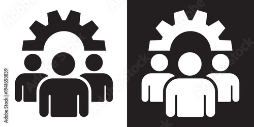Three user silhouettes positioned under a large gear. Represents technical teams, engineering staff, workforce optimization, industrial management, and collaborative development.